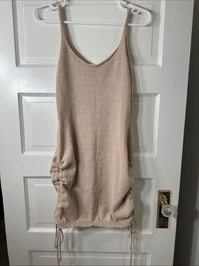 Beige Knit Ruched Drawstring Tank Dress